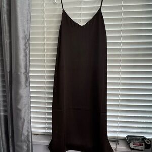 Brown satin slip dress.
